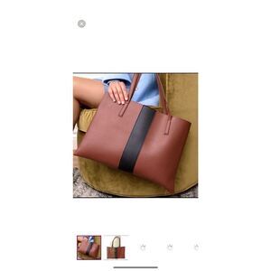 Vince Camuto Brown Black Stripe Vegan Leather Tote Shoulder Bag New!